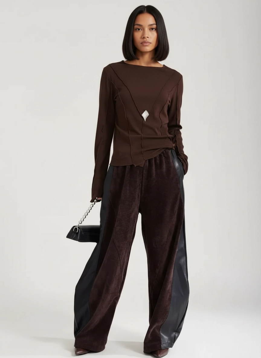 Vegan Leather Patchwork Relaxed Trousers - Coffee Brown & Black-SimpleModerne