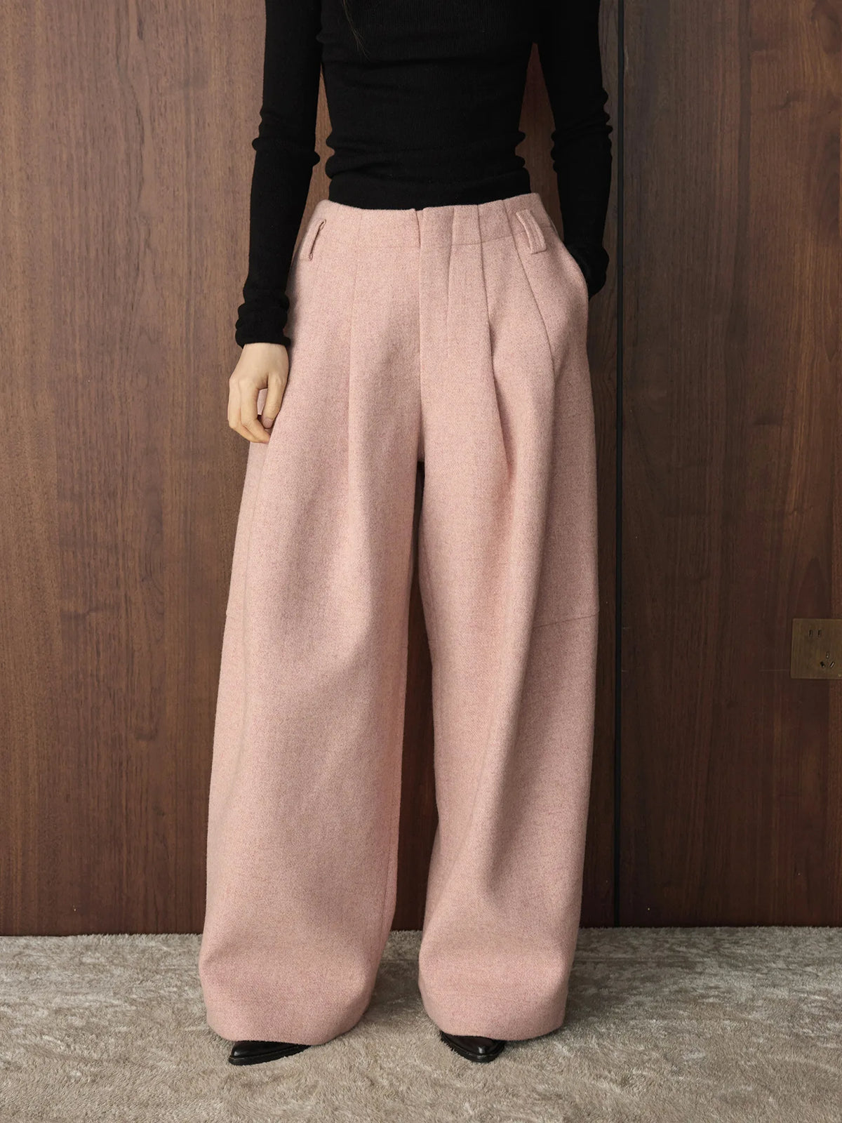Pleated Wide-Leg Pink Trousers-SimpleModerne