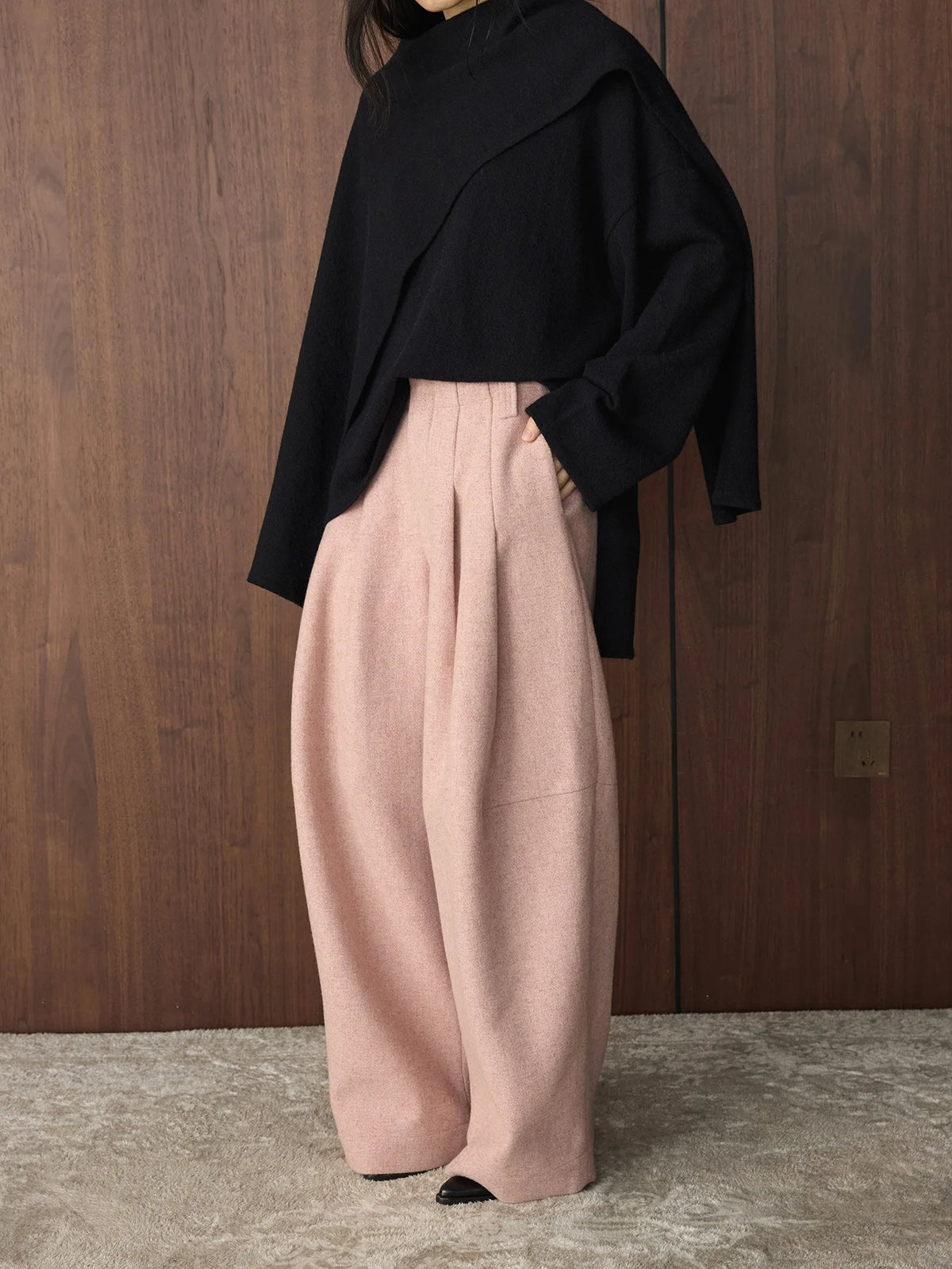 Pleated Wide-Leg Pink Trousers-SimpleModerne