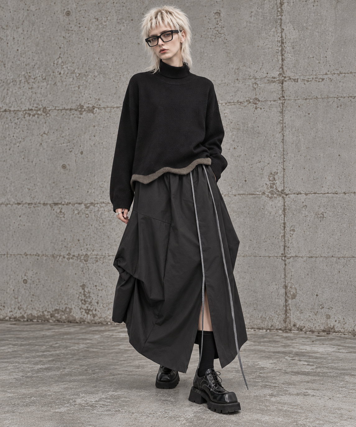 Black Asymmetric Draped Maxi Skirt-SimpleModerne
