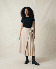 Apricot Beige Skirt-Pant Hybrid with Pleated Overlay – Sophisticated and Unique Mid-Calf Design-SimpleModerne