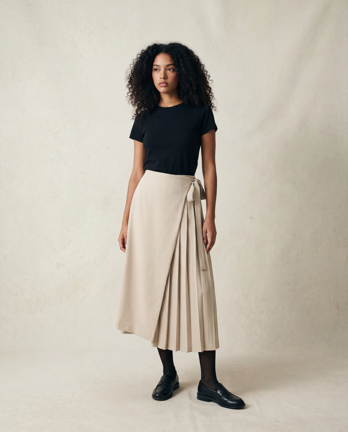 Apricot Beige Skirt-Pant Hybrid with Pleated Overlay – Sophisticated and Unique Mid-Calf Design-SimpleModerne