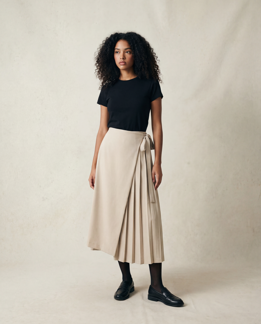 Apricot Beige Skirt-Pant Hybrid with Pleated Overlay – Sophisticated and Unique Mid-Calf Design-SimpleModerne