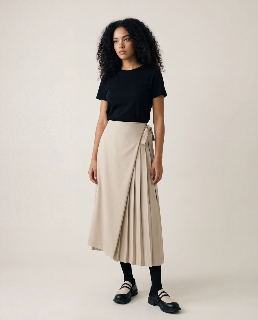 Apricot Beige Skirt-Pant Hybrid with Pleated Overlay – Sophisticated and Unique Mid-Calf Design-SimpleModerne