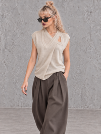 Beige Double V-Neck Asymmetric Knitted Top-SimpleModerne