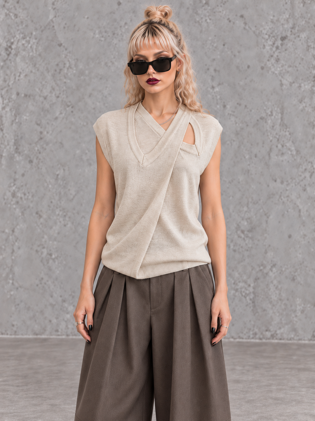 Beige Double V-Neck Asymmetric Knitted Top-SimpleModerne