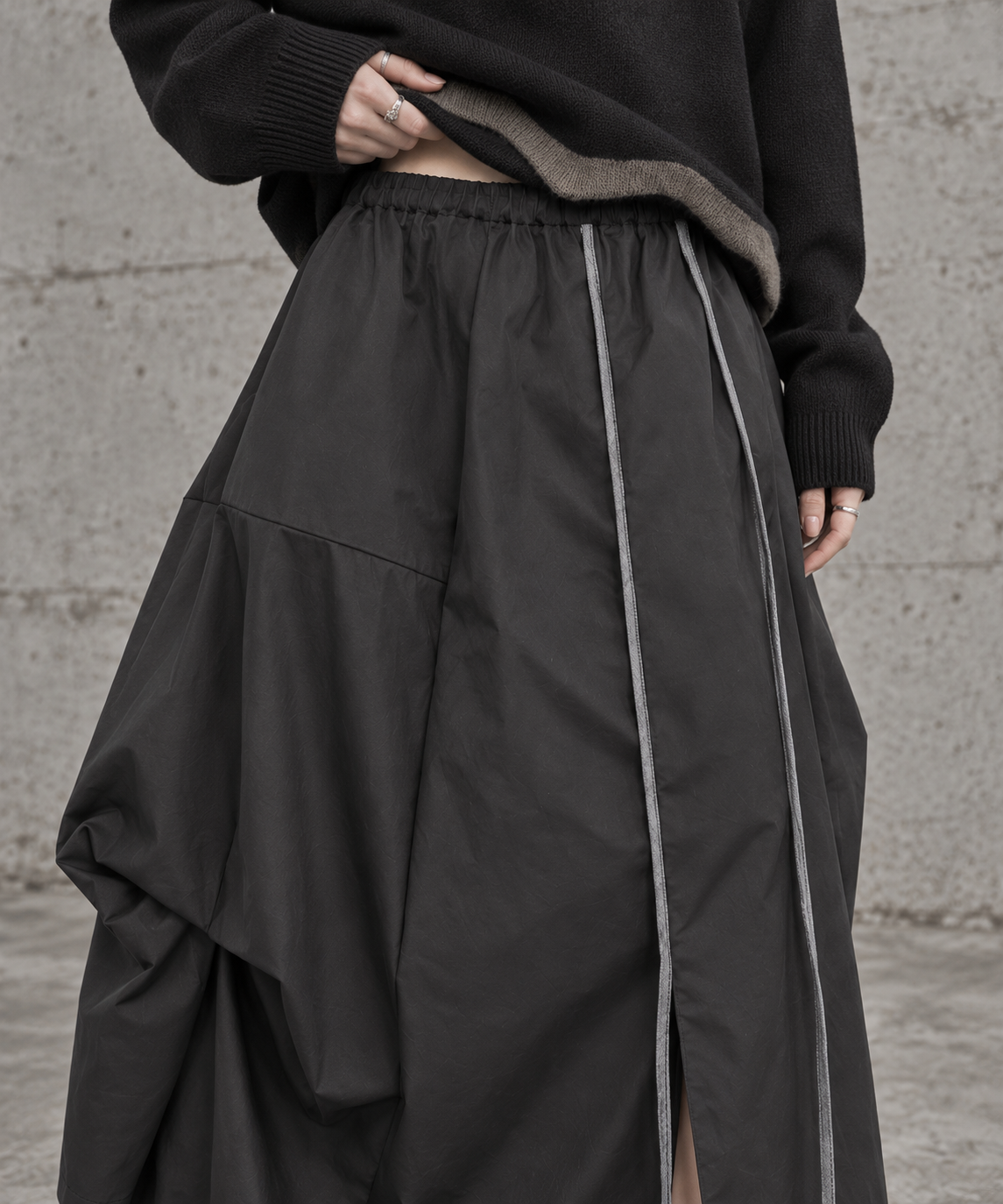 Black Asymmetric Draped Maxi Skirt-SimpleModerne