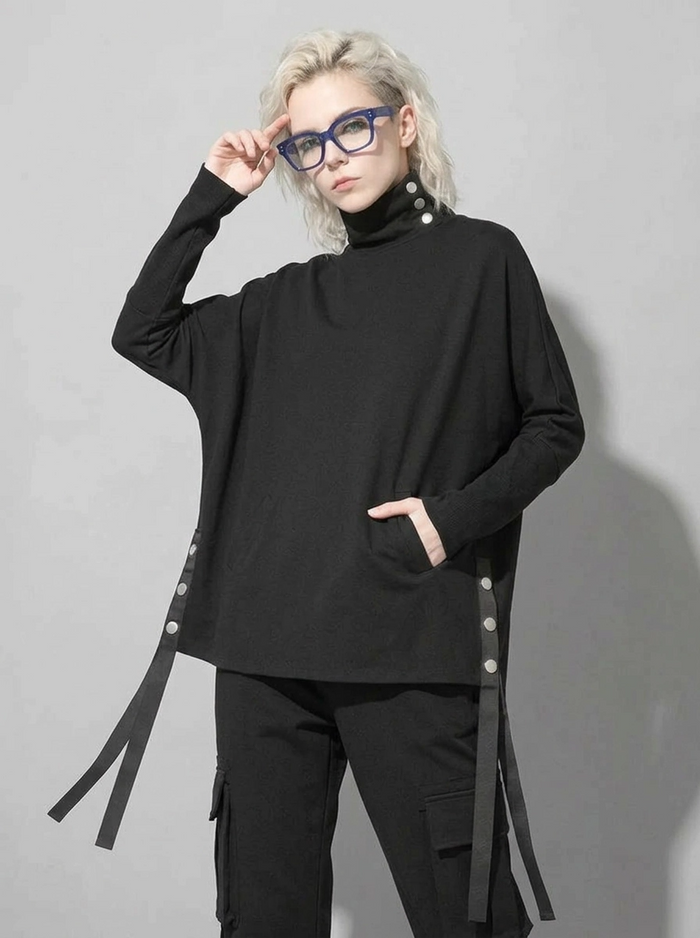 Asymmetric Button Turtleneck Pullover-SimpleModerne
