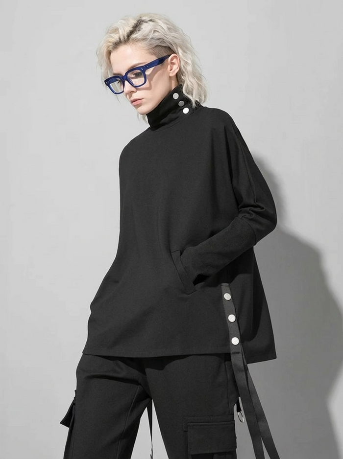 Asymmetric Button Turtleneck Pullover-SimpleModerne