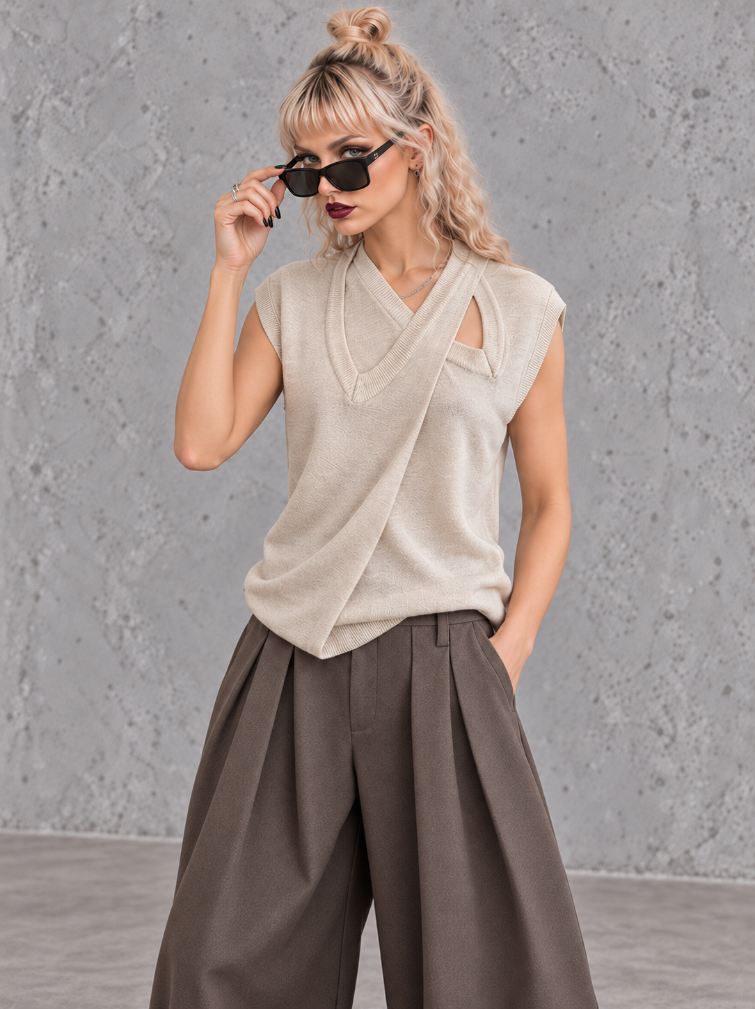 Beige Double V-Neck Asymmetric Knitted Top-SimpleModerne