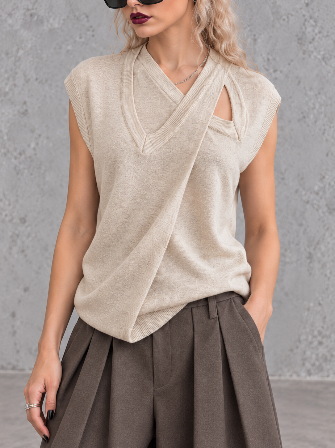 Beige Double V-Neck Asymmetric Knitted Top-SimpleModerne