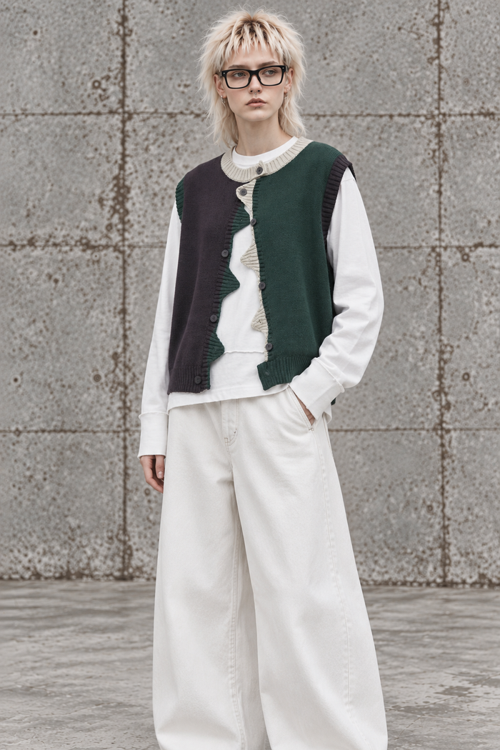 Asymmetric Two-Tone Knitted Vest-SimpleModerne