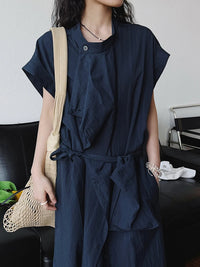 Asymmetrical Button-Up Maxi Dress with Detachable Belt Bag – Minimalist Black Layered Look-SimpleModerne