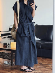 Asymmetrical Button-Up Maxi Dress with Detachable Belt Bag – Minimalist Black Layered Look-SimpleModerne
