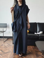 Asymmetrical Button-Up Maxi Dress with Detachable Belt Bag – Minimalist Black Layered Look-SimpleModerne