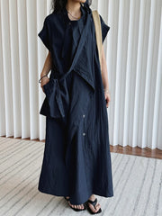 Asymmetrical Button-Up Maxi Dress with Detachable Belt Bag – Minimalist Black Layered Look-SimpleModerne