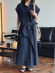Asymmetrical Button-Up Maxi Dress with Detachable Belt Bag – Minimalist Black Layered Look-SimpleModerne