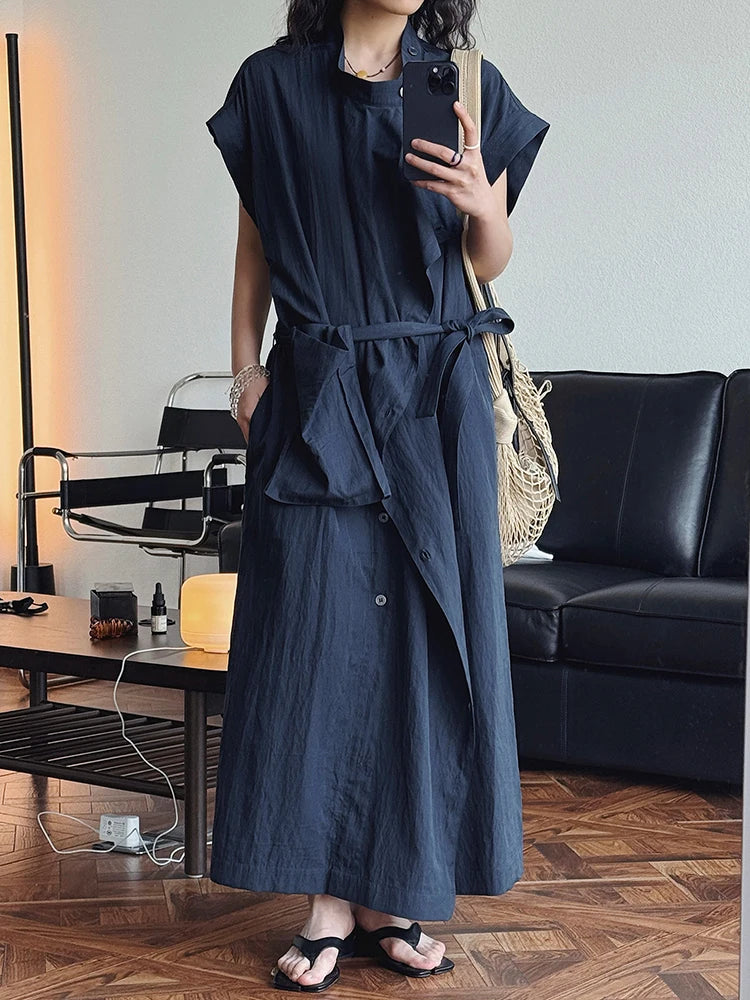Asymmetrical Button-Up Maxi Dress with Detachable Belt Bag – Minimalist Black Layered Look-SimpleModerne