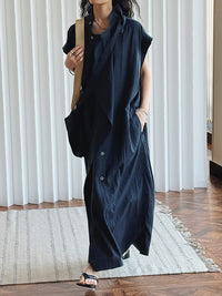 Asymmetrical Button-Up Maxi Dress with Detachable Belt Bag – Minimalist Black Layered Look-SimpleModerne