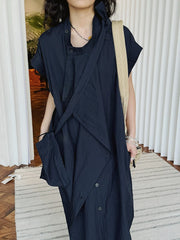 Asymmetrical Button-Up Maxi Dress with Detachable Belt Bag – Minimalist Black Layered Look-SimpleModerne