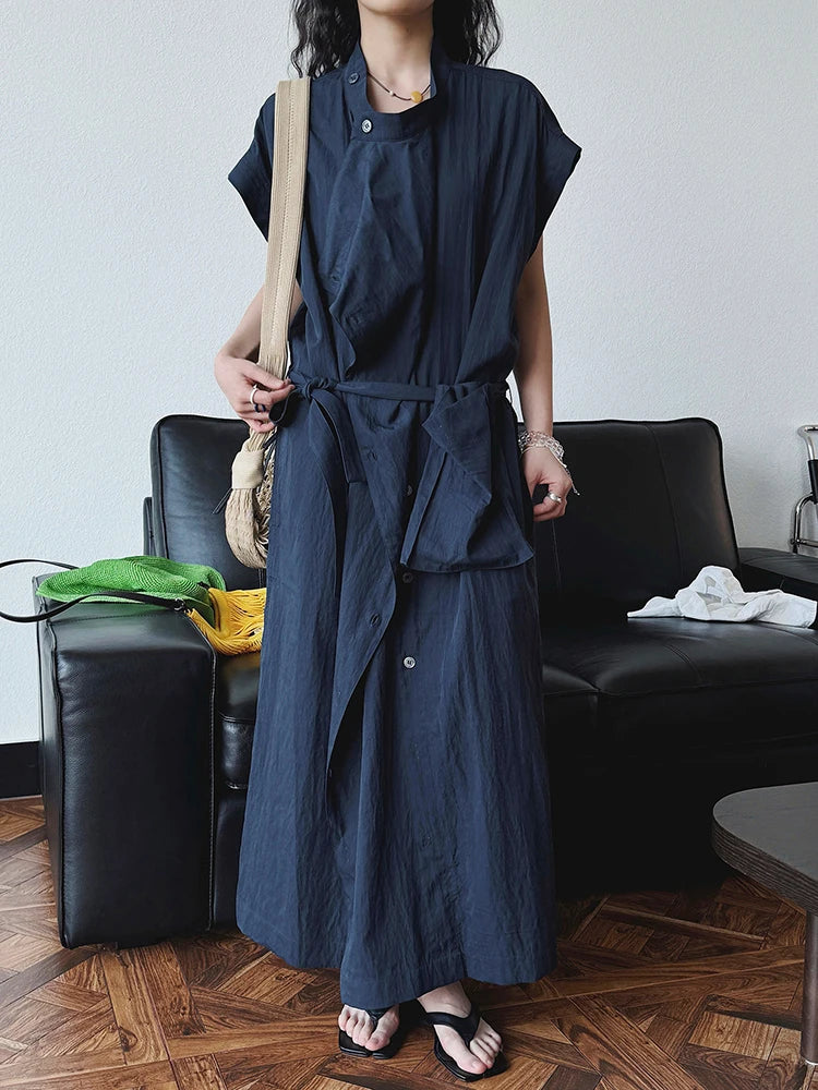 Asymmetrical Button-Up Maxi Dress with Detachable Belt Bag – Minimalist Black Layered Look-SimpleModerne