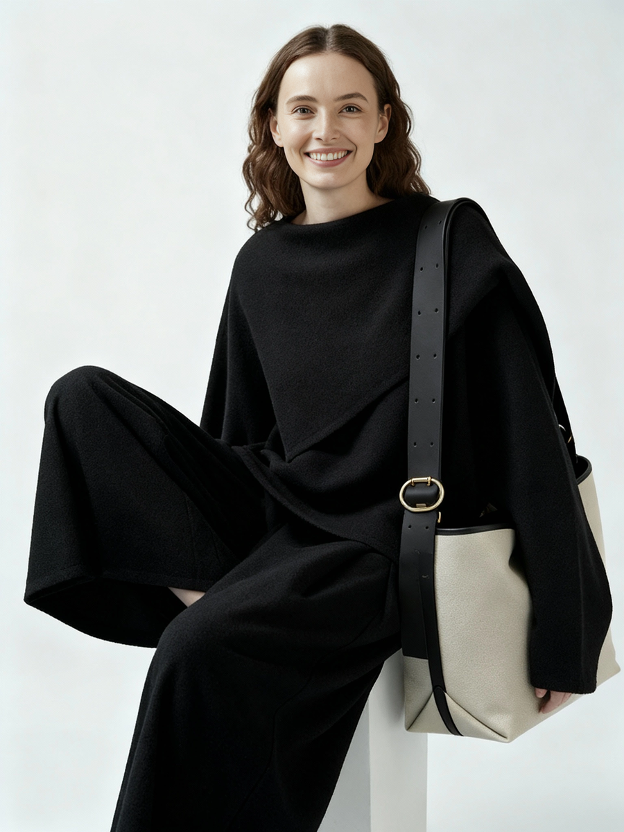 Asymmetrical Draped Black Pullover – Oversized Knit Top for Minimalist Looks-SimpleModerne