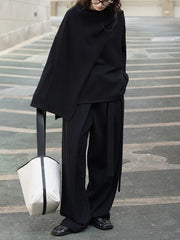 Asymmetrical Draped Black Pullover – Oversized Knit Top for Minimalist Looks-SimpleModerne