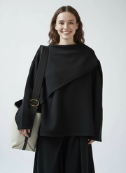 Asymmetrical Draped Black Pullover – Oversized Knit Top for Minimalist Looks-SimpleModerne