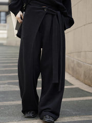 Asymmetrical Draped Black Trousers – Wide-Leg Knit Pants with Belted Detail-SimpleModerne