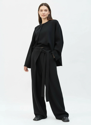 Asymmetrical Draped Black Trousers – Wide-Leg Knit Pants with Belted Detail-SimpleModerne