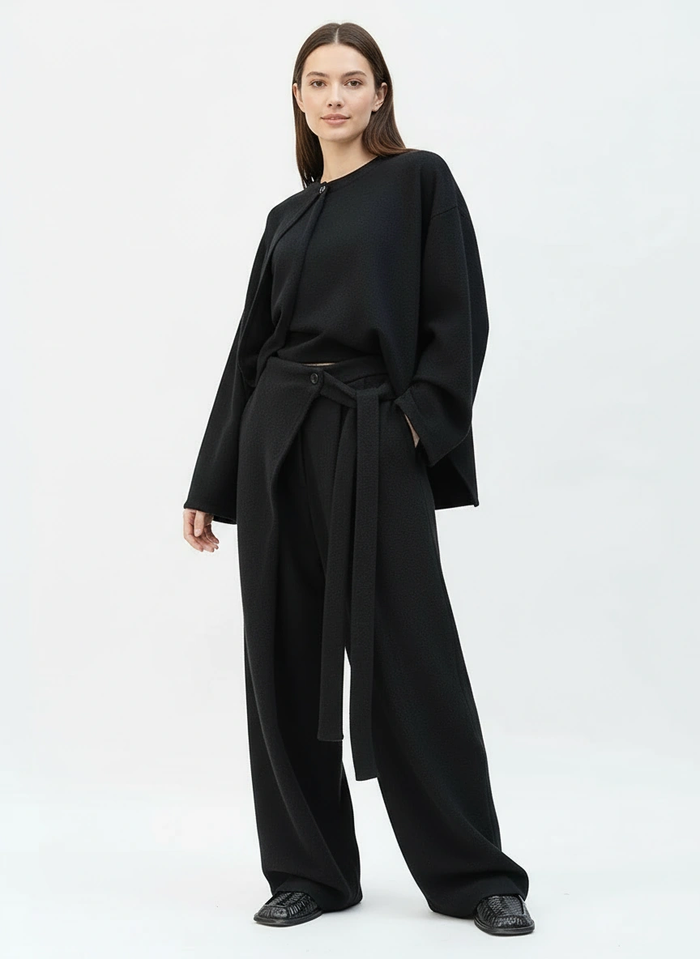 Asymmetrical Draped Black Trousers – Wide-Leg Knit Pants with Belted Detail-SimpleModerne