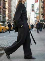 Asymmetrical Draped Black Trousers – Wide-Leg Knit Pants with Belted Detail-SimpleModerne