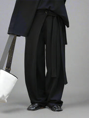 Asymmetrical Draped Black Trousers – Wide-Leg Knit Pants with Belted Detail-SimpleModerne