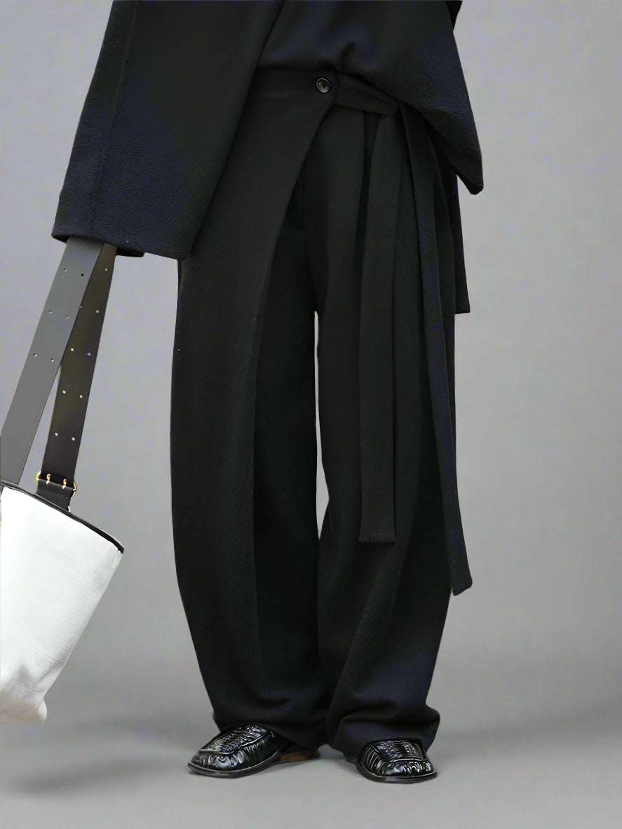 Asymmetrical Draped Black Trousers – Wide-Leg Knit Pants with Belted Detail-SimpleModerne