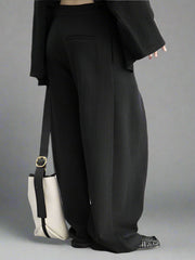 Asymmetrical Draped Black Trousers – Wide-Leg Knit Pants with Belted Detail-SimpleModerne