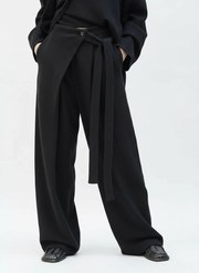 Asymmetrical Draped Black Trousers – Wide-Leg Knit Pants with Belted Detail-SimpleModerne