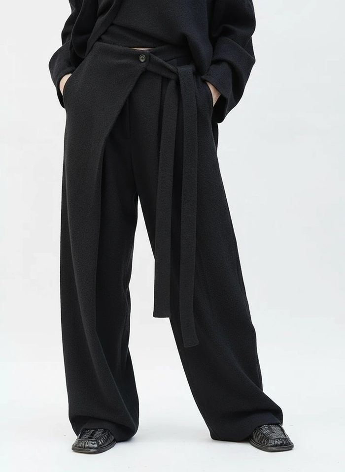 Asymmetrical Draped Black Trousers – Wide-Leg Knit Pants with Belted Detail-SimpleModerne