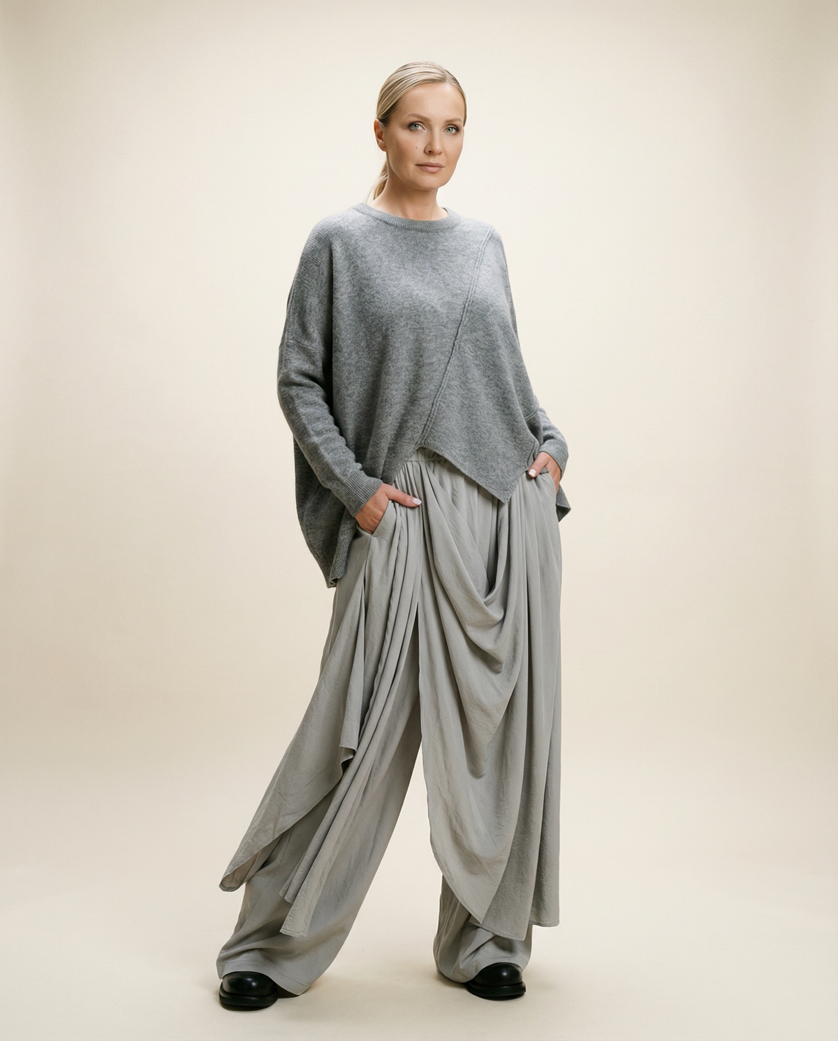 Asymmetrical Hem Oversized Knit Sweater – Gray | Casual Minimal Goth-SimpleModerne