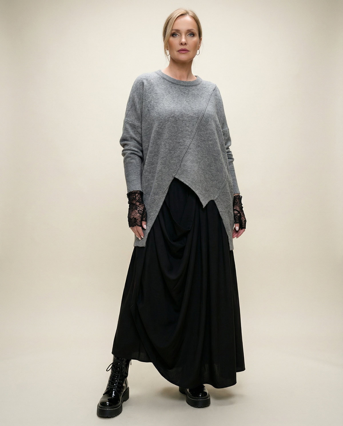 Asymmetrical Hem Oversized Knit Sweater – Gray | Casual Minimal Goth-SimpleModerne
