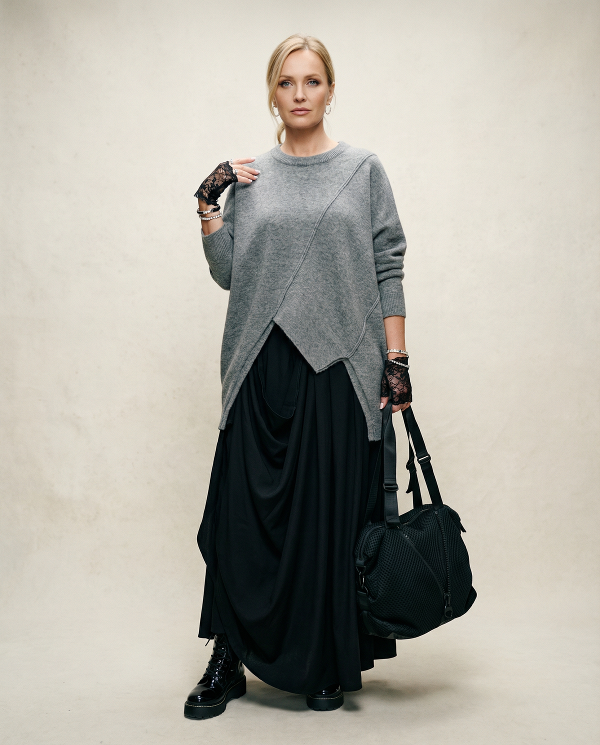 Asymmetrical Hem Oversized Knit Sweater – Gray | Casual Minimal Goth-SimpleModerne