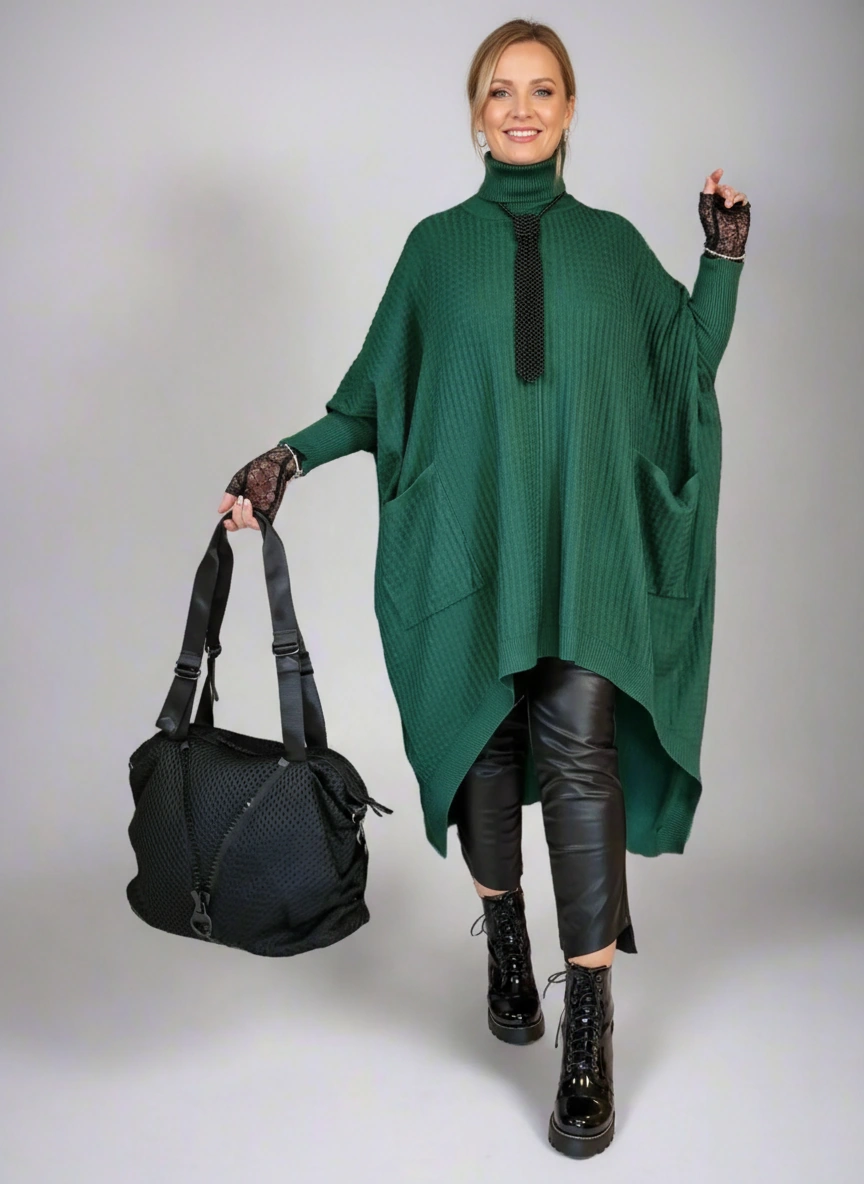 Asymmetrical Knitted Pullover Green Dress with Turtleneck-SimpleModerne