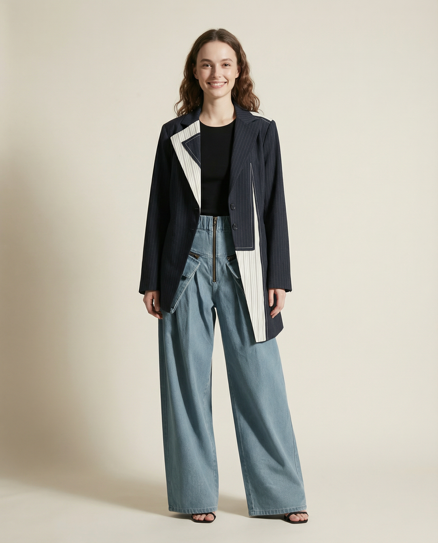 Asymmetrical Navy Blue Pinstripe Blazer with Contrast Panels-SimpleModerne