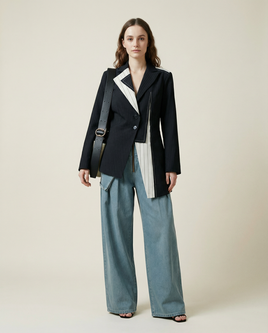 Asymmetrical Navy Blue Pinstripe Blazer with Contrast Panels-SimpleModerne