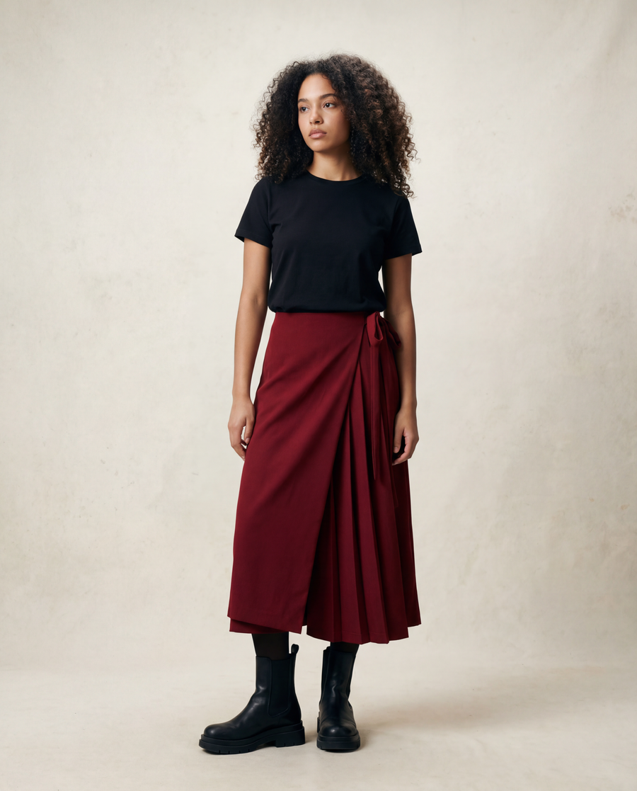 Asymmetrical Overlay Pleated Trousers – Red-SimpleModerne