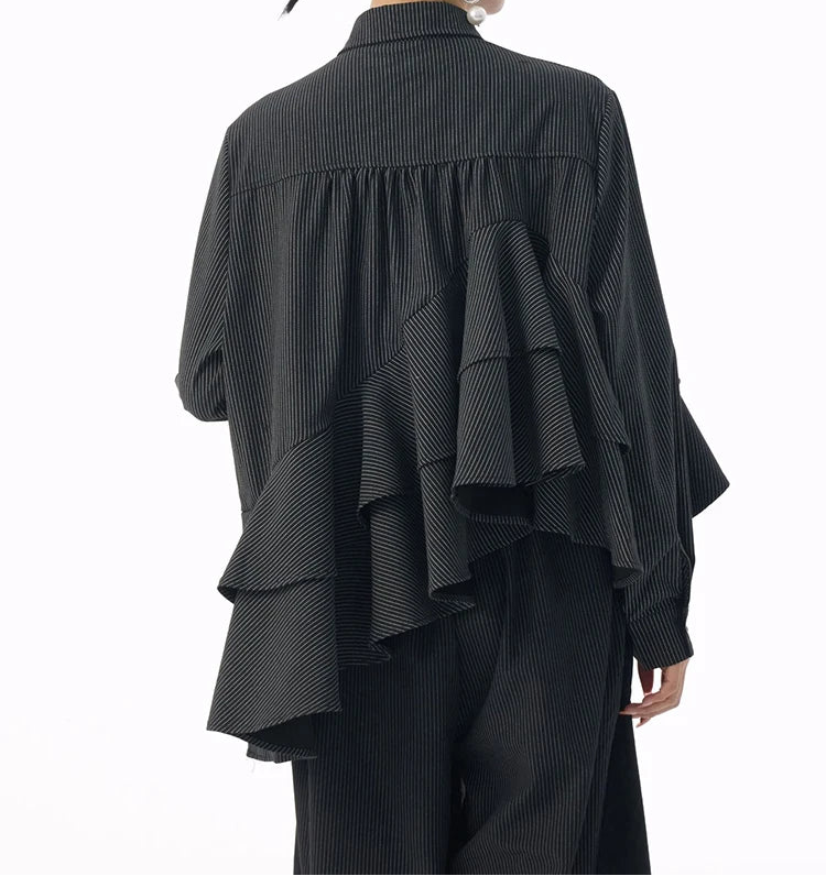 Asymmetrical Ruffle Pinstripe Shirt-SimpleModerne