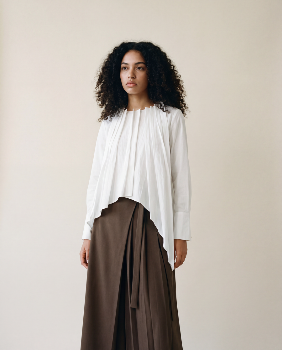 Asymmetrical Skirt-Pant Hybrid with Pleated Overlay - Coffee Brown-SimpleModerne