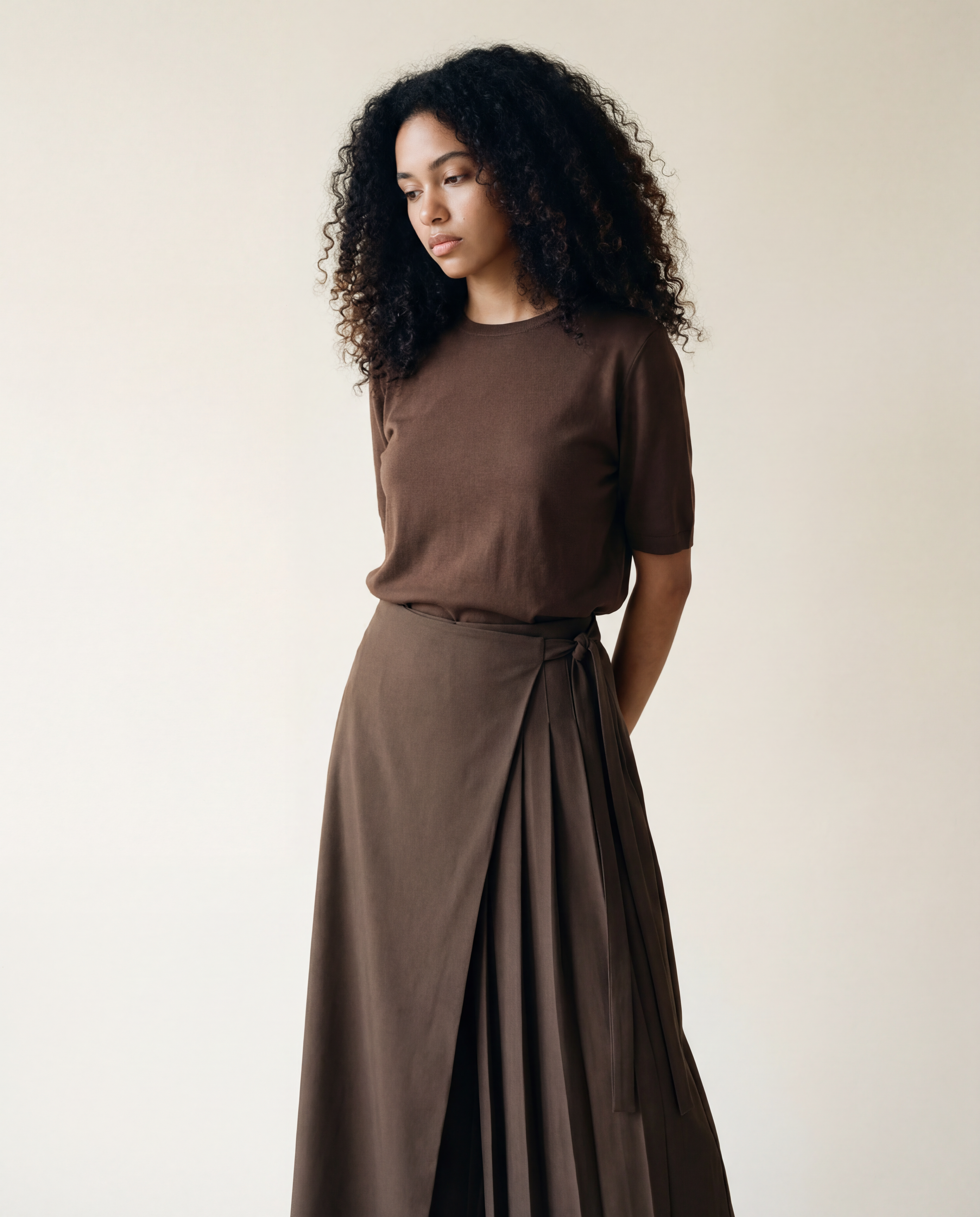 Asymmetrical Skirt-Pant Hybrid with Pleated Overlay - Coffee Brown-SimpleModerne