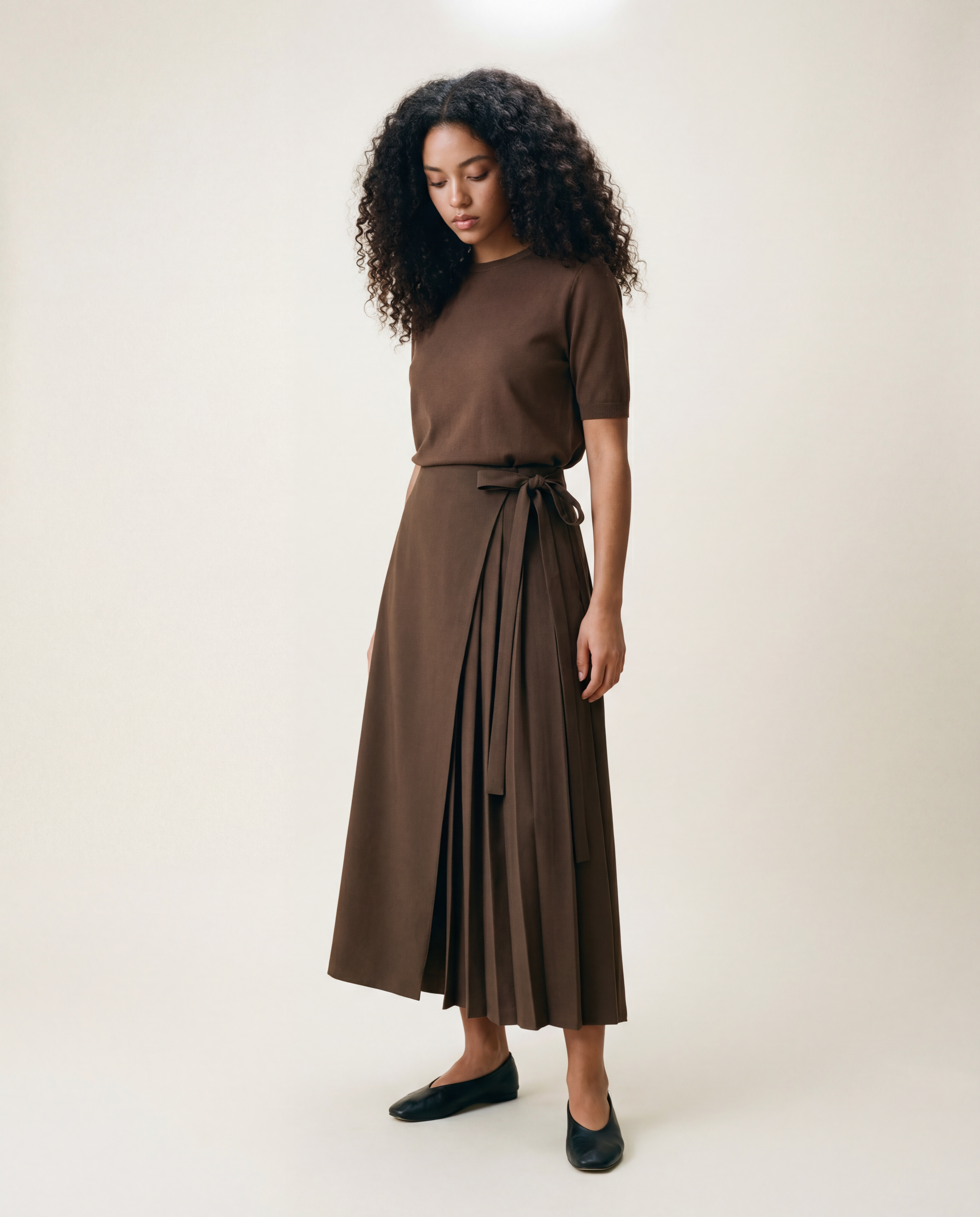 Asymmetrical Skirt-Pant Hybrid with Pleated Overlay - Coffee Brown-SimpleModerne