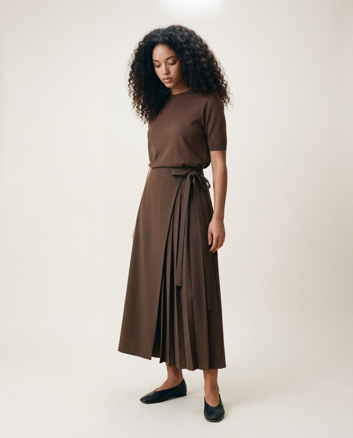 Asymmetrical Skirt-Pant Hybrid with Pleated Overlay - Coffee Brown-SimpleModerne