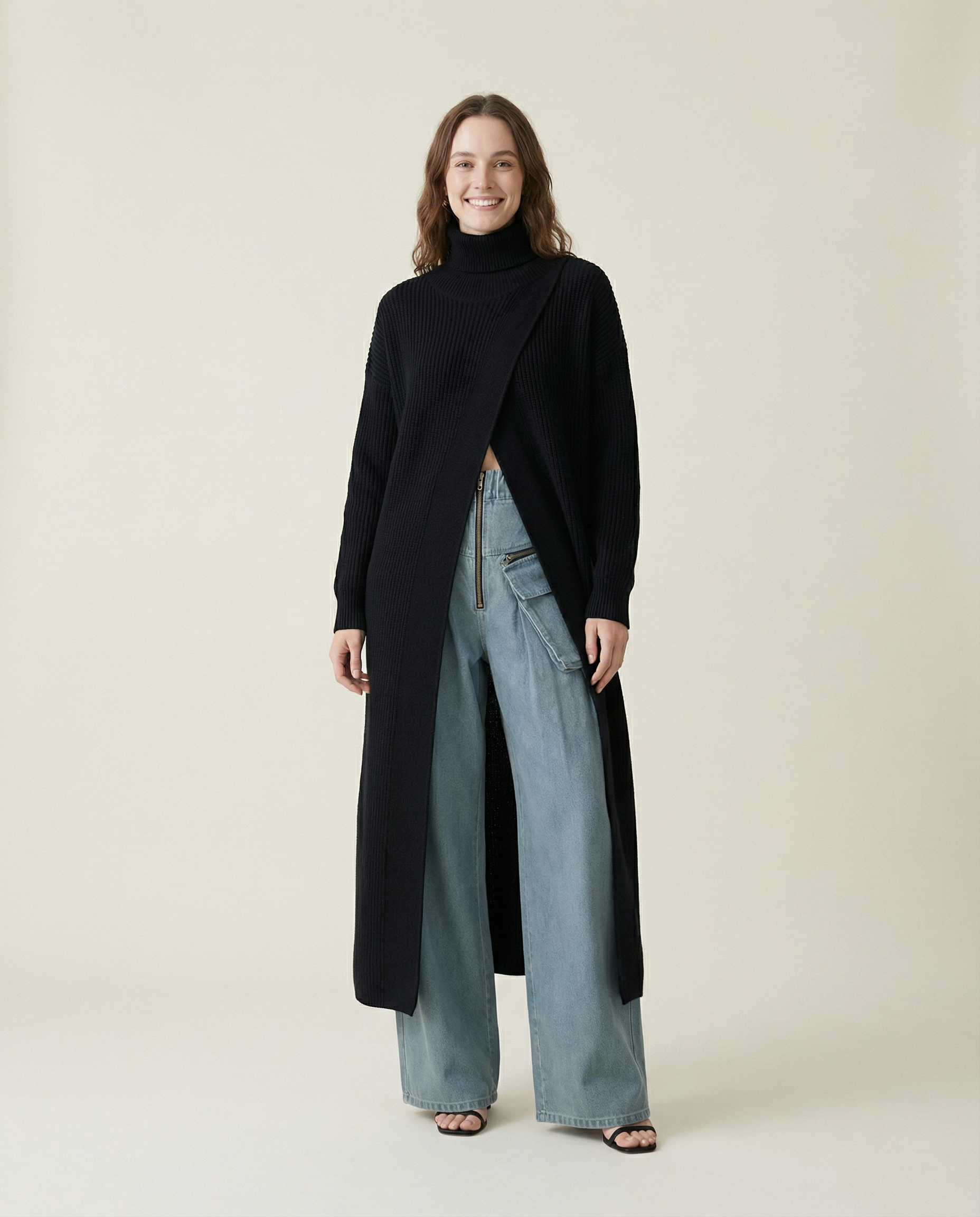 Asymmetrical Split Turtleneck Pullover - Oversized Fit, Cozy Winter Essential-SimpleModerne